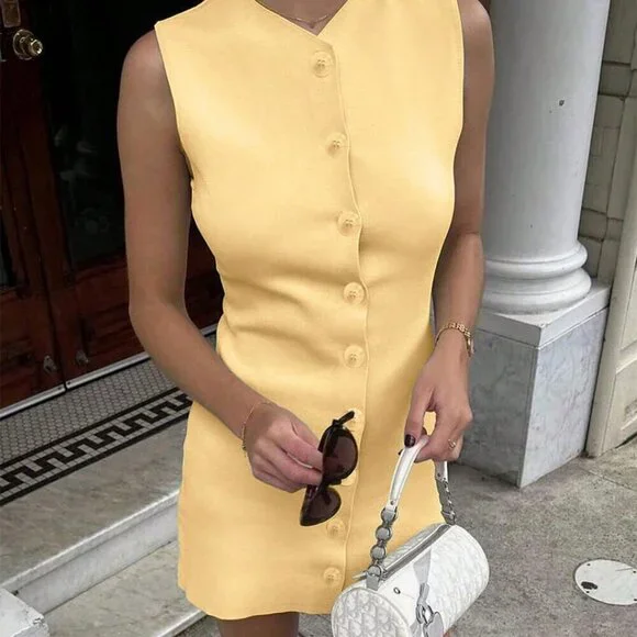 Yellow Casual Women's knit button  detailed Pullover mini dress - Picture 2 of 11